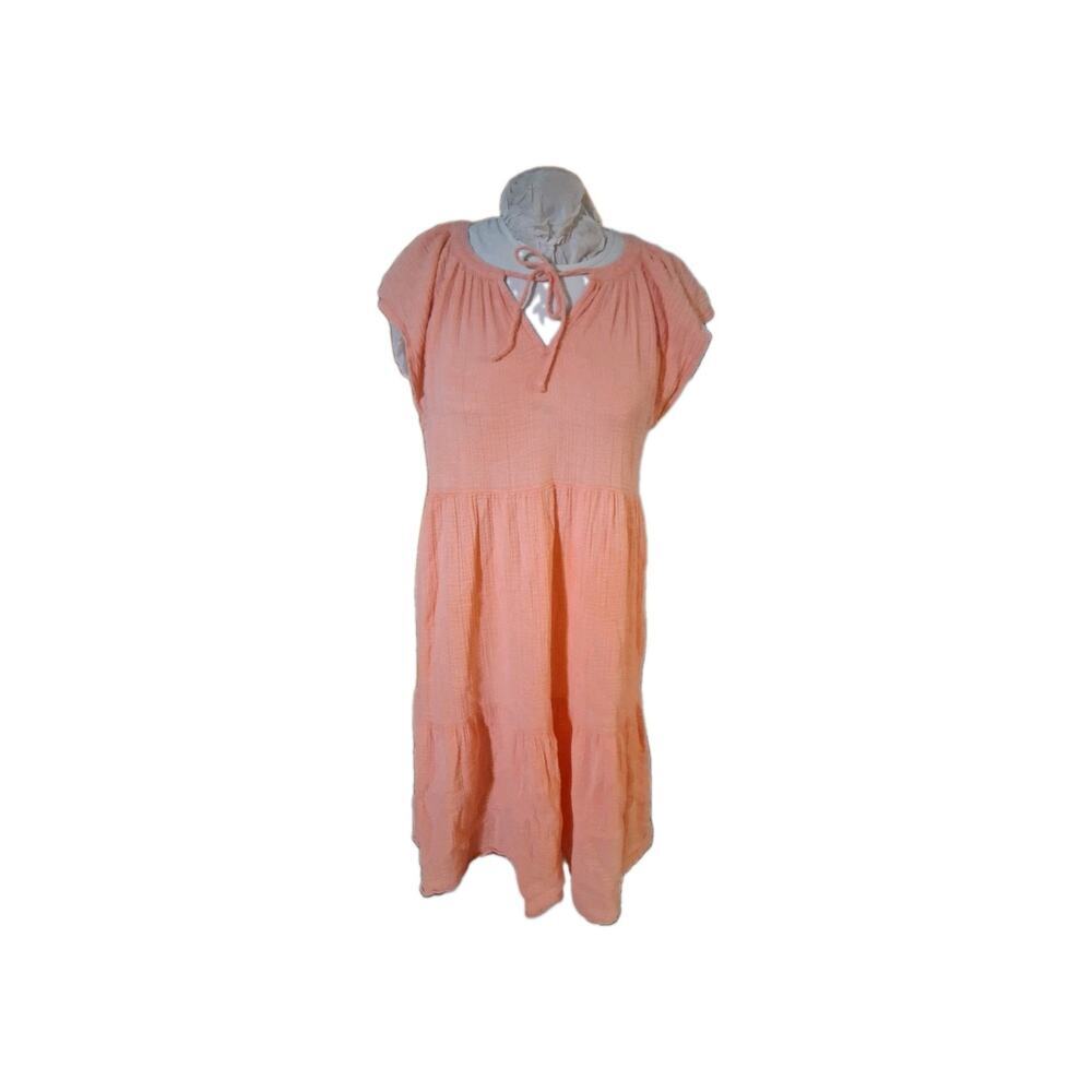 Wonderly Coral Dress Sz. Med Cotton Cottage Keyhole Neck